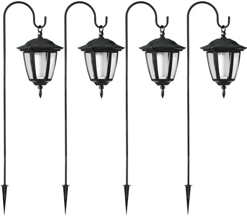 4 Pack Solar Halloween Flame Hanging Lights Outdoor, Flickering Flame LED Garden Lanterns with 4x38 Inch Shepherd Hooks, Landscape Lighting Waterproof for Lawn Yard Pathway Driveway, Purple