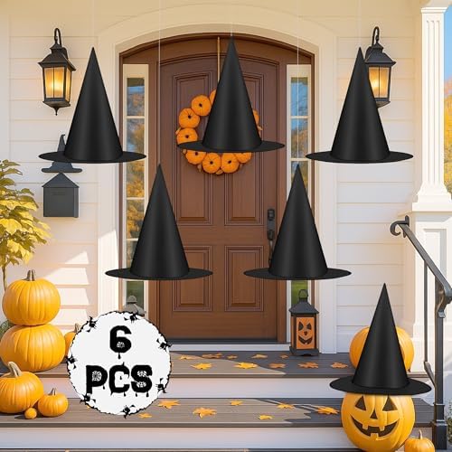 6/9/18Pcs Halloween Witch Hats Decorations, Black Hanging Witch Hats for Halloween Porch Decor, Floating Hat with 115 FT Nylon Cord, Thickened Wizard Hat Bulk for Scary Party Supplies Indoor Outdoor