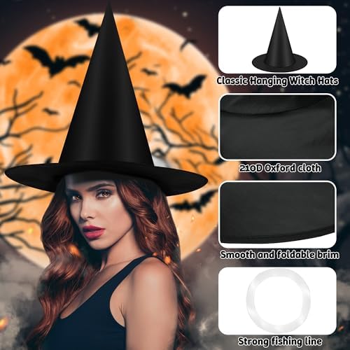 6/9/18Pcs Halloween Witch Hats Decorations, Black Hanging Witch Hats for Halloween Porch Decor, Floating Hat with 115 FT Nylon Cord, Thickened Wizard Hat Bulk for Scary Party Supplies Indoor Outdoor