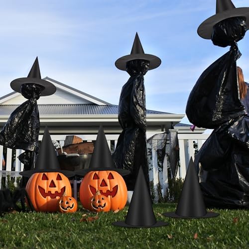 6/9/18Pcs Halloween Witch Hats Decorations, Black Hanging Witch Hats for Halloween Porch Decor, Floating Hat with 115 FT Nylon Cord, Thickened Wizard Hat Bulk for Scary Party Supplies Indoor Outdoor
