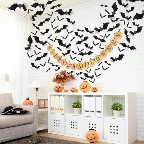 140Pcs Bats Halloween Decorations Party Supplies, Realistic PVC 3D Black Scary Bat Stickers for Creepy Home Decor Halloween Party Decorations DIY Wall Window Decal Bathroom Indoor