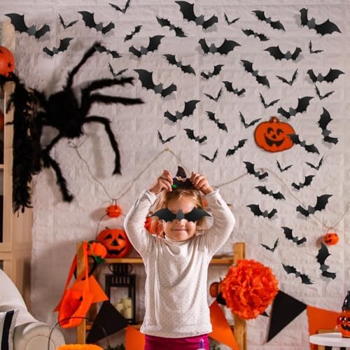 140Pcs Bats Halloween Decorations Party Supplies, Realistic PVC 3D Black Scary Bat Stickers for Creepy Home Decor Halloween Party Decorations DIY Wall Window Decal Bathroom Indoor