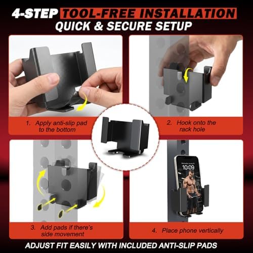 Power Rack Phone Mount, Hook-On Smartphone Holder for 2”×2”/3”×3” Squat Rack Upright, Tool-Free Installation, Vertical & Horizontal Viewing, Fits Phones up to 3.22” Wide