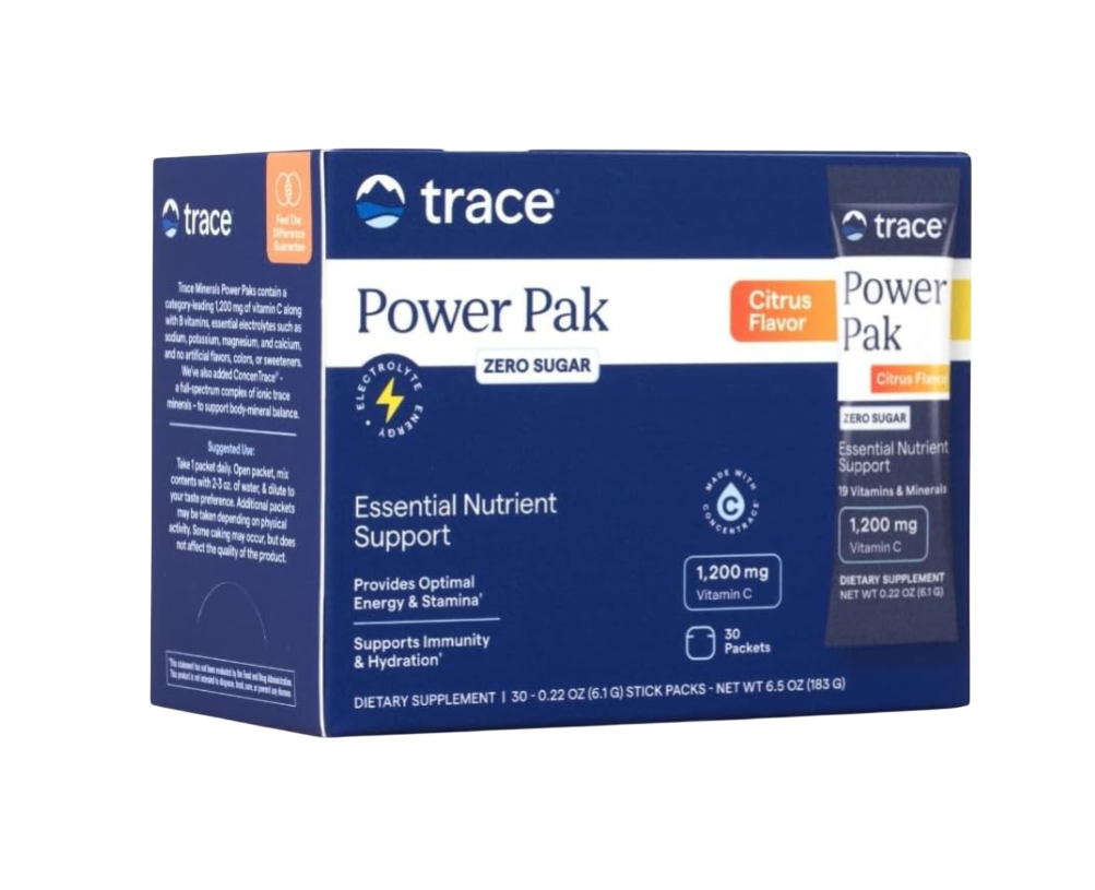 Trace Minerals Power Pak Multivitamin and Multimineral Packets - Electrolyte Support - 1200 mg Vitamin C Plus 70 Sugar Free - Citrus Flavor - 30 Packets