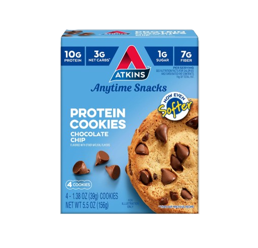 Atkins Chocolate Chip Protein Cookie, Protein Dessert, Rich in Fiber, 3g Net Carb, 1g Sugar, Keto Friendly, 4 Count