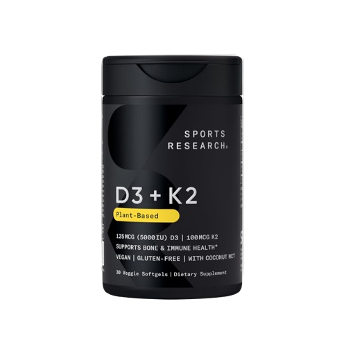 Sports Research® Vitamin D3 + K2 with 10,000iu of Plant-Based D3 & 100mcg of Vitamin K2 as MK-7 | Non-GMO Verified & Vegan Certified 60ct