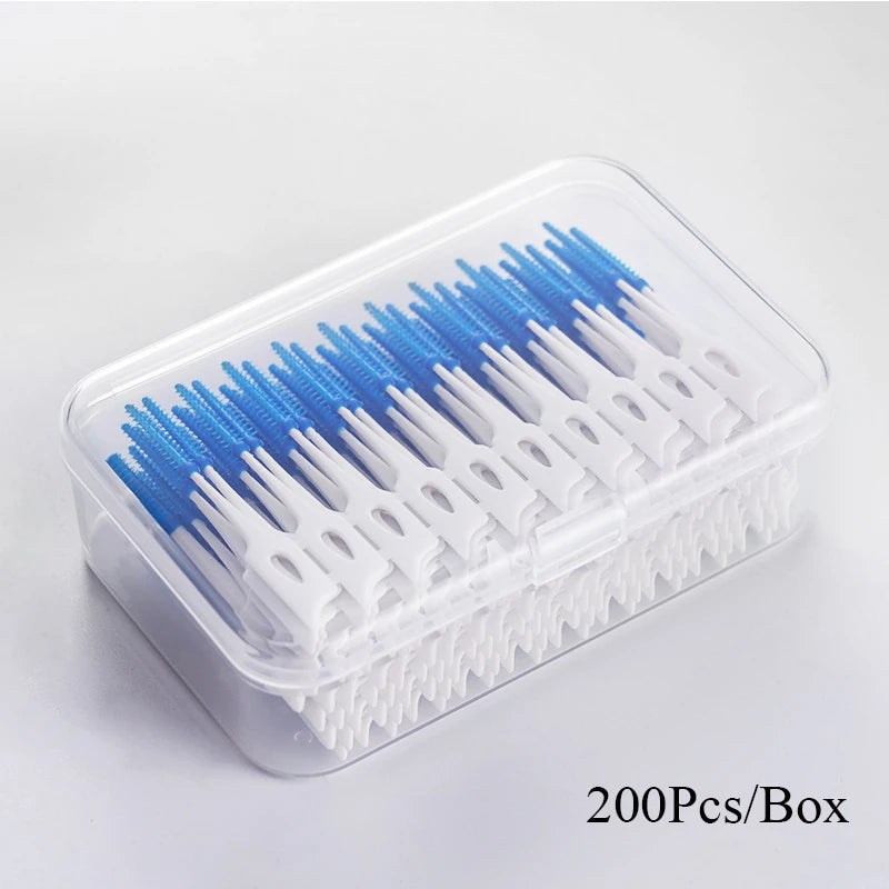 100 Pieces Interdental Brushes, Silicone Dental Floss Picks with Case Dental Brushes Dental Picks Blue Tooth Floss Picks for Teeth Cleaning