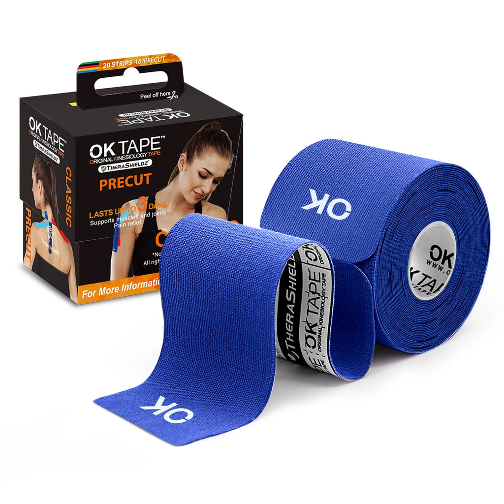 OK TAPE 4 Rolls Kinesiology Tape Precut, Cotton Elastic Athletic Tape Latex Free,20 Strips per Roll 2in x 16ft,Muscle Support,Black