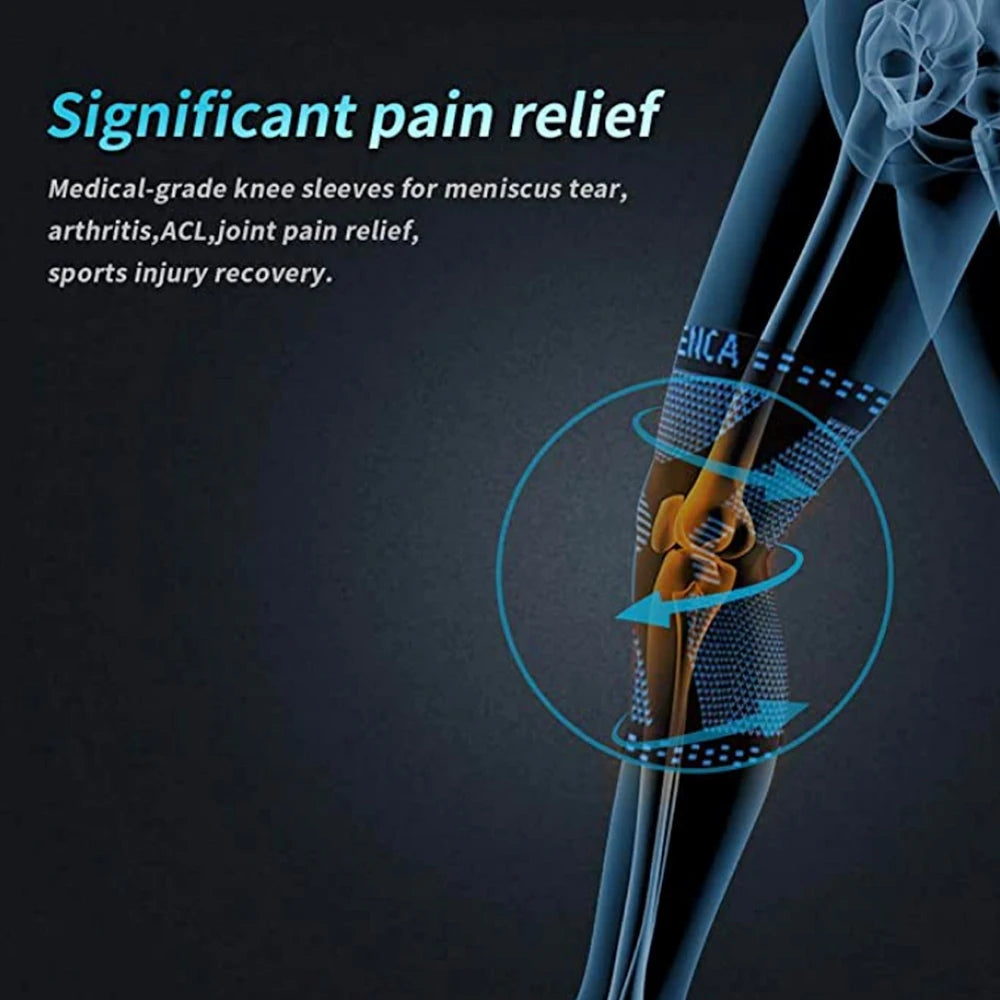 Blue Adjustable Knee Sleeve with side stabilizers - Knee Compression Sleeve for Men & Women, Knee Brace for Meniscus Tear, Arthritis Pain, Running, Sports & Injury Recovery Knee Support