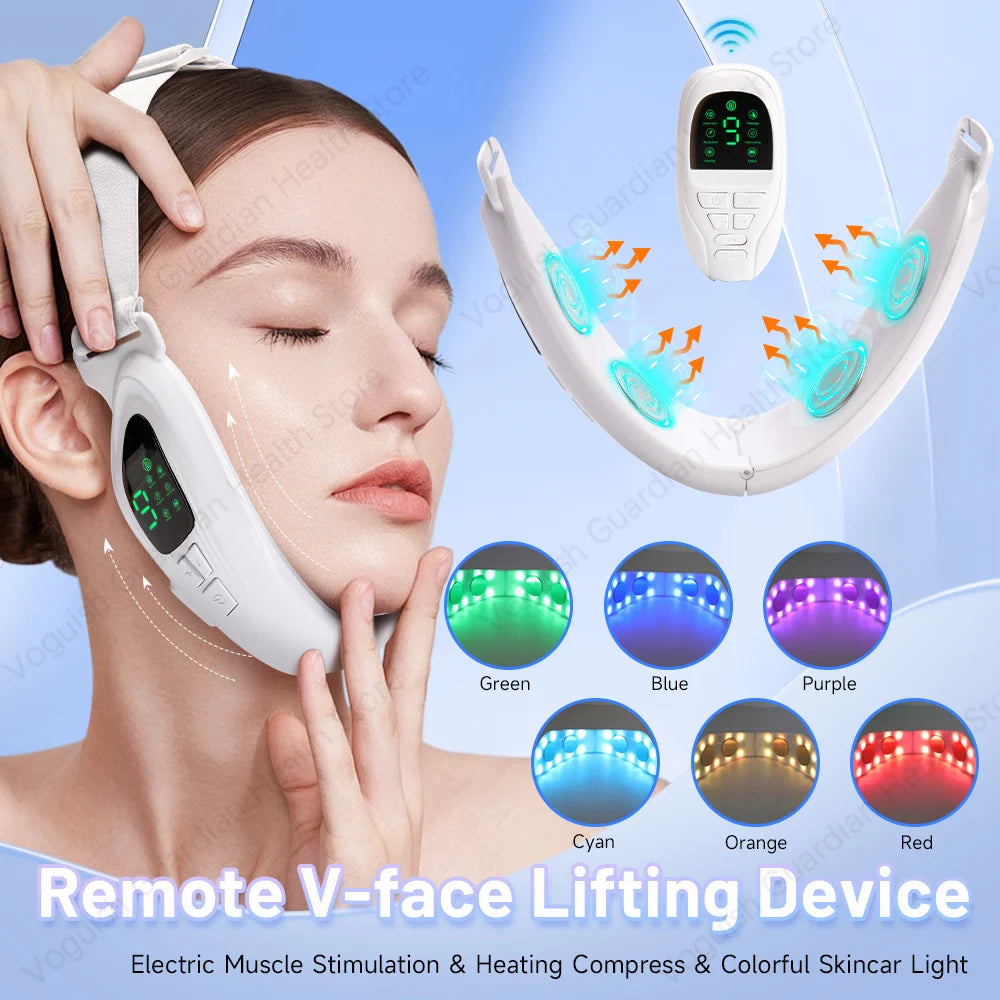 Pink 4 in 1 Massager for Face, Facial Sculpting Device for Double Chin, Reduces Sagging Skin, Remote Control Operation with 5 Modes, 15 Adjustable Intensities. (White)