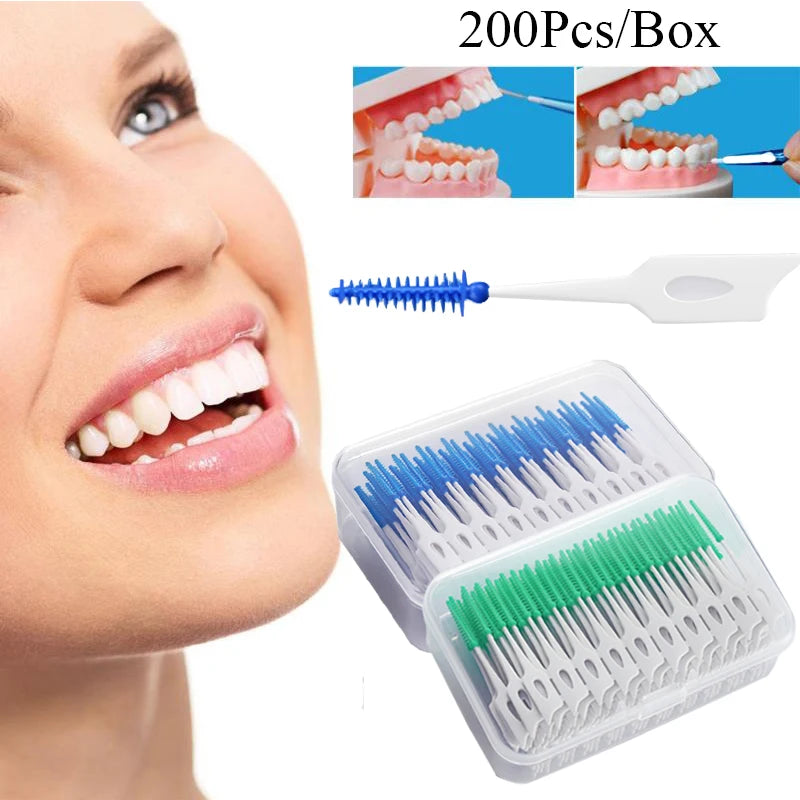 100 Pieces Interdental Brushes, Silicone Dental Floss Picks with Case Dental Brushes Dental Picks Blue Tooth Floss Picks for Teeth Cleaning