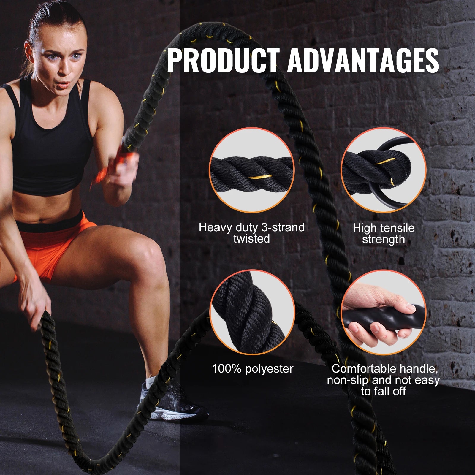 Battle Rope, 1.5 Inch Diameter 30Ft Length Polyester Exercise Rope, Battle Exercise Equipment, Heavy Weighted Rope for Home Gym Body Workout Core Strength Training Muscle Building Fitness