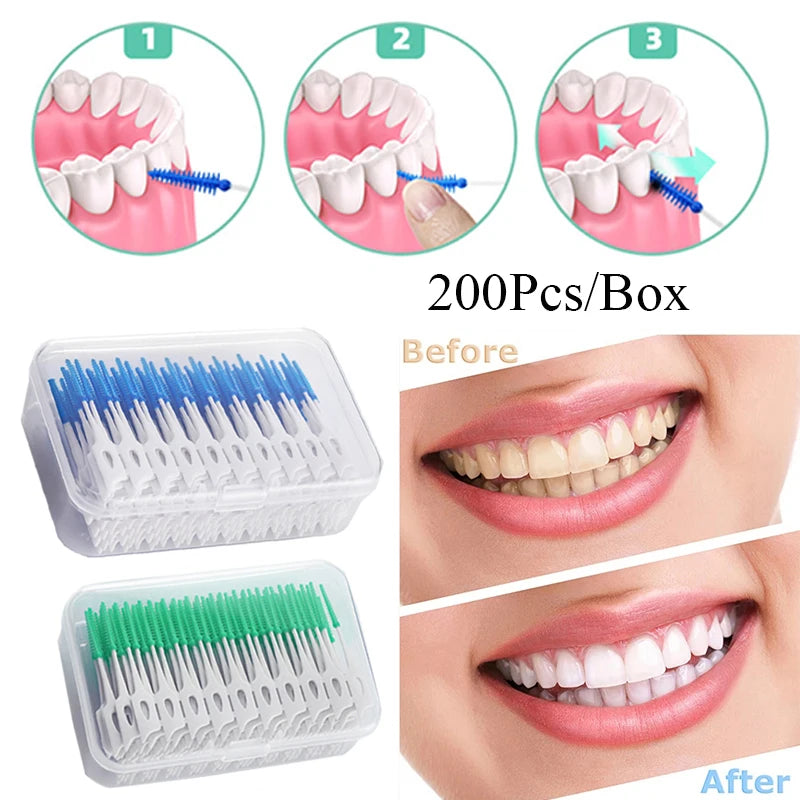 100 Pieces Interdental Brushes, Silicone Dental Floss Picks with Case Dental Brushes Dental Picks Blue Tooth Floss Picks for Teeth Cleaning