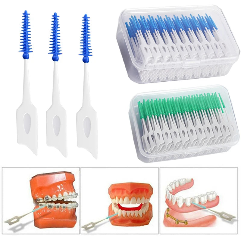 100 Pieces Interdental Brushes, Silicone Dental Floss Picks with Case Dental Brushes Dental Picks Blue Tooth Floss Picks for Teeth Cleaning