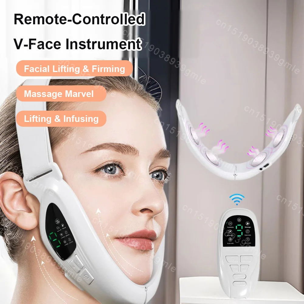Pink 4 in 1 Massager for Face, Facial Sculpting Device for Double Chin, Reduces Sagging Skin, Remote Control Operation with 5 Modes, 15 Adjustable Intensities. (White)