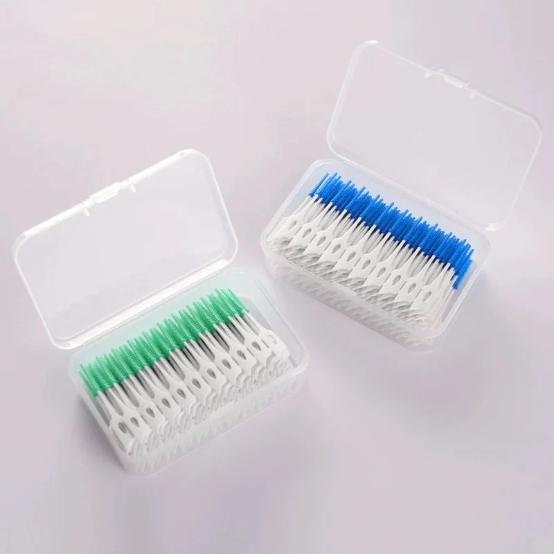100 Pieces Interdental Brushes, Silicone Dental Floss Picks with Case Dental Brushes Dental Picks Blue Tooth Floss Picks for Teeth Cleaning