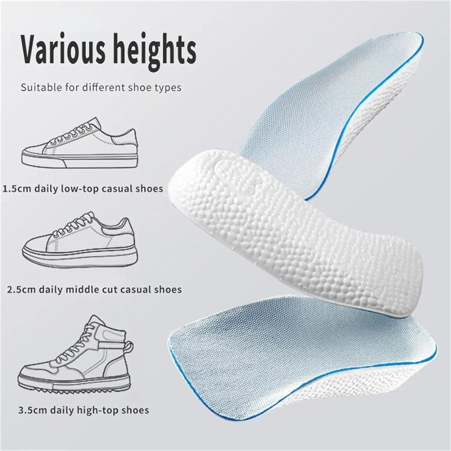 Height Increase Insoles for Men and Women, Foot Arch Contour Shoes Lifts for Men Orthopedic Heel Lift Cushion Gel Leg Discrepancy Balancer (Grey,3 Pairs - 1.5cm 2.5cm 3.5cm) (Grey)