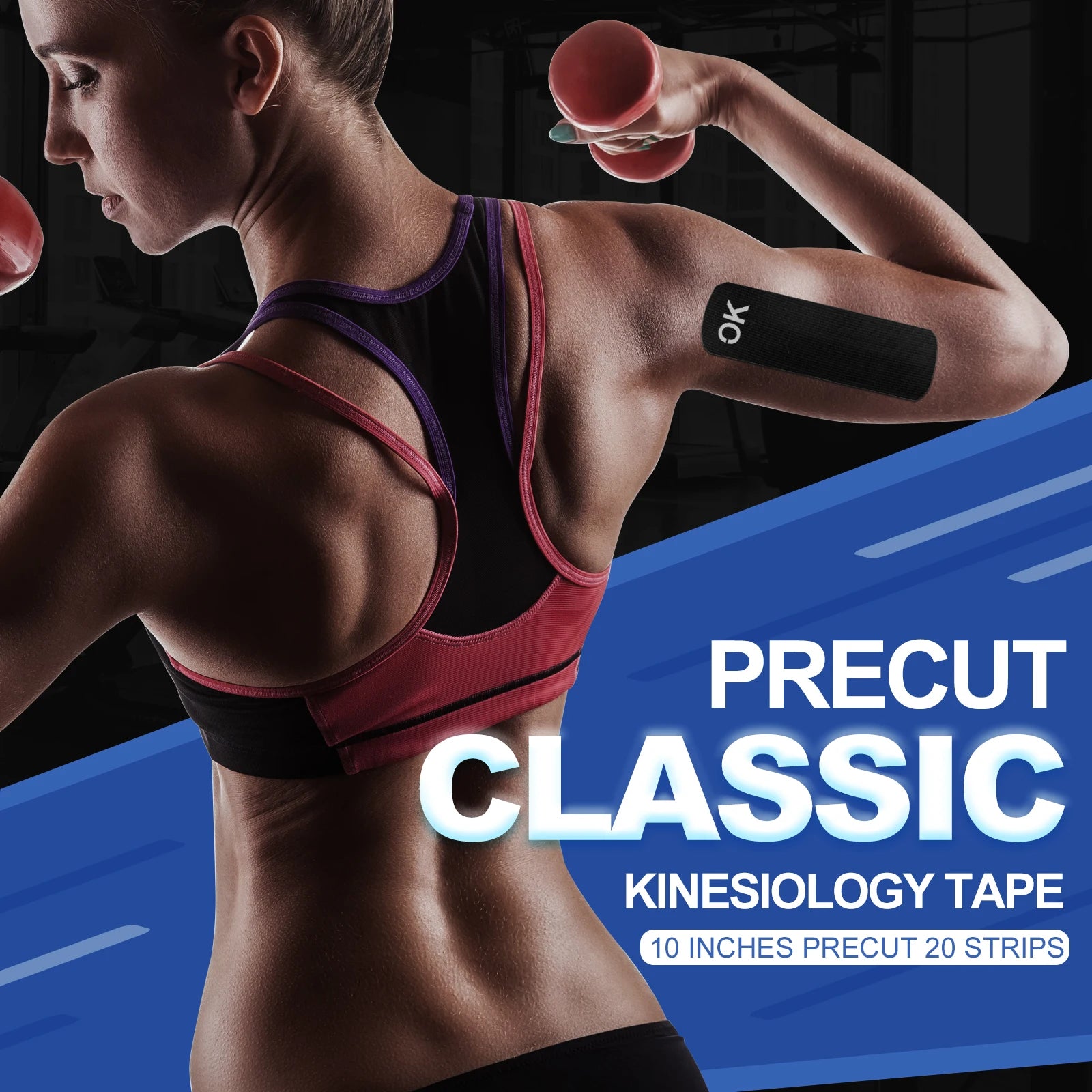 OK TAPE 4 Rolls Kinesiology Tape Precut, Cotton Elastic Athletic Tape Latex Free,20 Strips per Roll 2in x 16ft,Muscle Support,Black