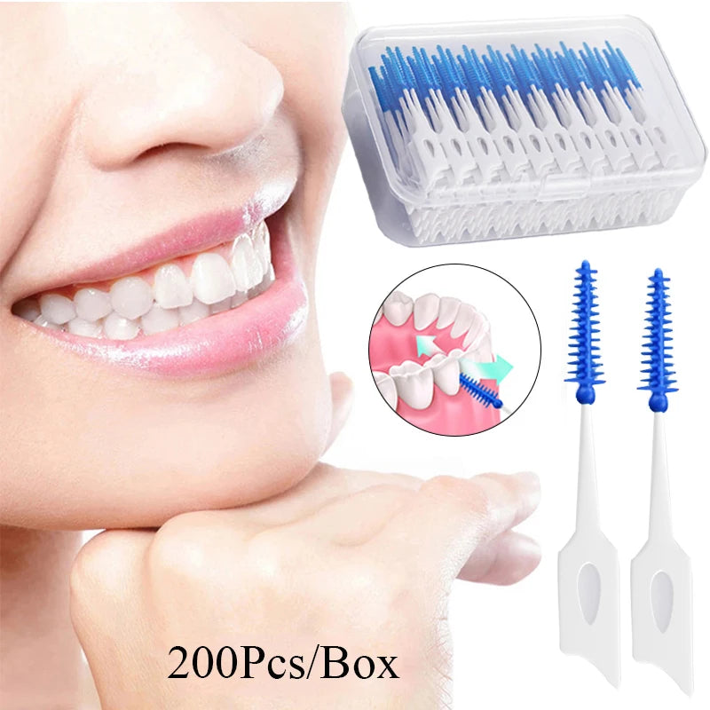 100 Pieces Interdental Brushes, Silicone Dental Floss Picks with Case Dental Brushes Dental Picks Blue Tooth Floss Picks for Teeth Cleaning