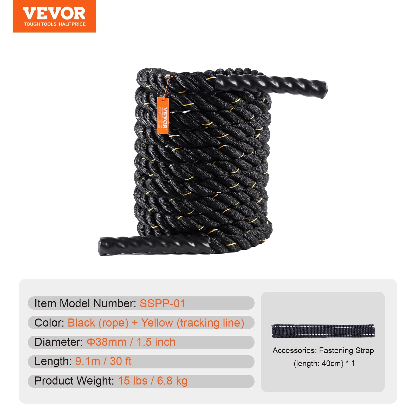 Battle Rope, 1.5 Inch Diameter 30Ft Length Polyester Exercise Rope, Battle Exercise Equipment, Heavy Weighted Rope for Home Gym Body Workout Core Strength Training Muscle Building Fitness