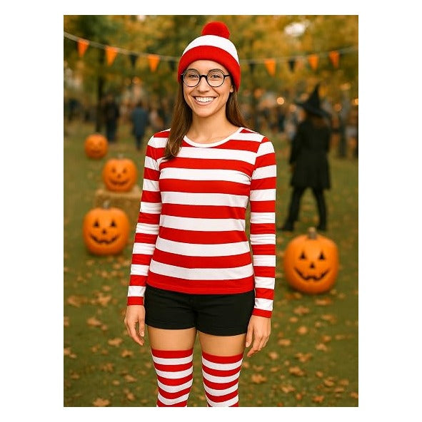 Halloween Costume Sets, Halloween Women Cosplay Red White Striped Shirt Beanie Cap Glasses Socks for Halloween Party