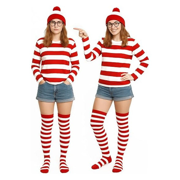 Halloween Costume Sets, Halloween Women Cosplay Red White Striped Shirt Beanie Cap Glasses Socks for Halloween Party