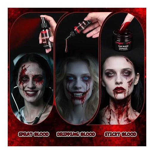 3PCS Halloween Fake Blood Makeup Kit, Fake Blood Dripping 2.03oz + Spray 2.03oz + Coagulated 1.35oz, Realistic Washable Fake Blood for Zombie Monster Mouth Clothes Vampire Cosplay & Dress Up