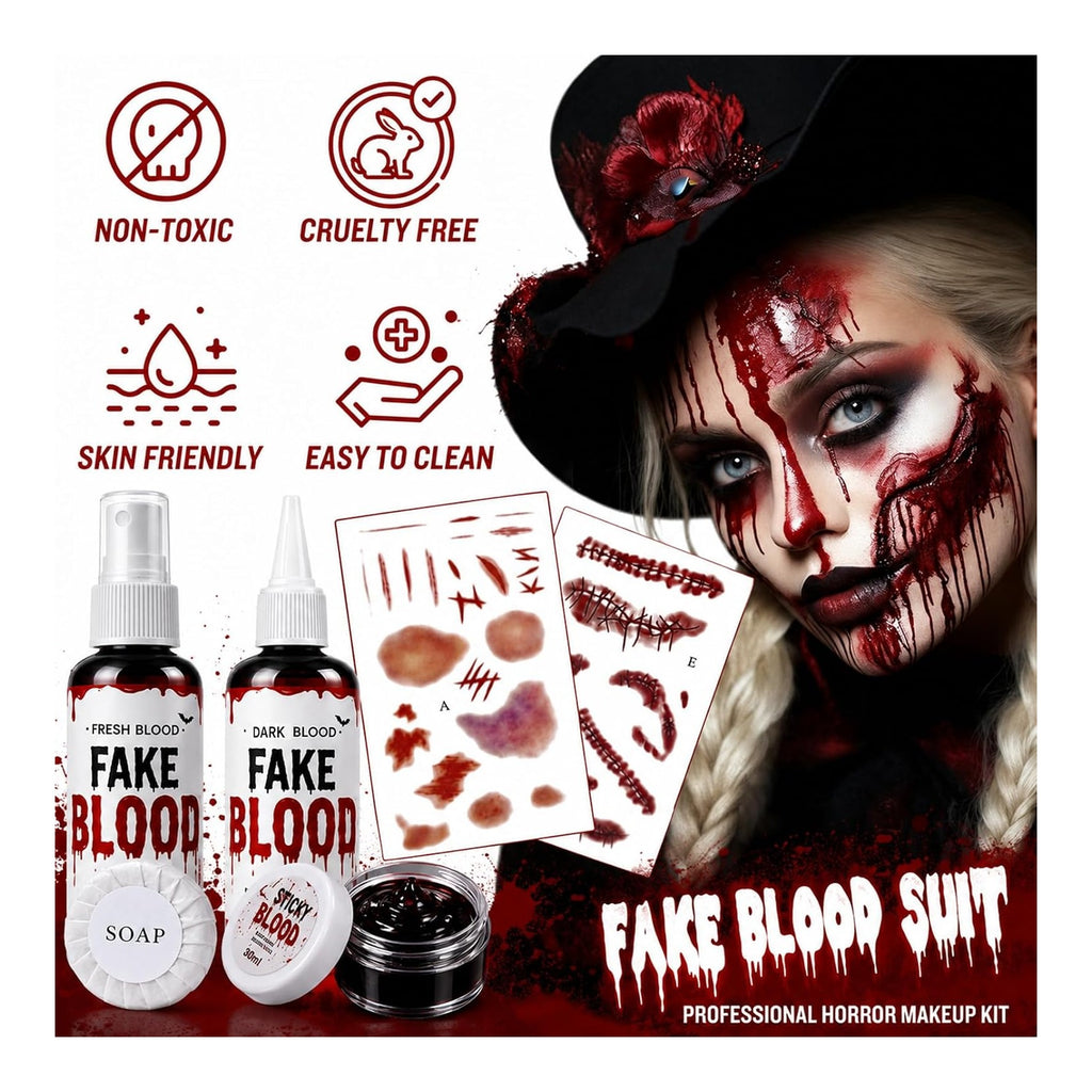 Fake Blood Spray, 6 Pcs Stage Blood Kit for Halloween Makeup, Fake Scars